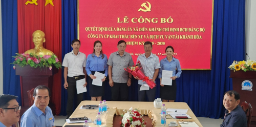 CÔNG BỐ QUYẾT ĐỊNH CỦA ĐẢNG ỦY XÃ DIÊN KHÁNH CHỈ ĐỊNH BCH ĐẢNG BỘ CÔNG TY CP KHAI THÁC BẾN XE VÀ DỊCH VỤ VẬN TẢI KHÁNH HÒA, NHIỆM KỲ 2025 - 2030 CÔNG BỐ QUYẾT ĐỊNH CỦA ĐẢNG ỦY XÃ DIÊN KHÁNH CHỈ ĐỊNH BCH ĐẢNG BỘ CÔNG TY CP KHAI THÁC BẾN XE VÀ DỊCH VỤ VẬN TẢI KHÁNH HÒA, NHIỆM KỲ 2025 - 2030